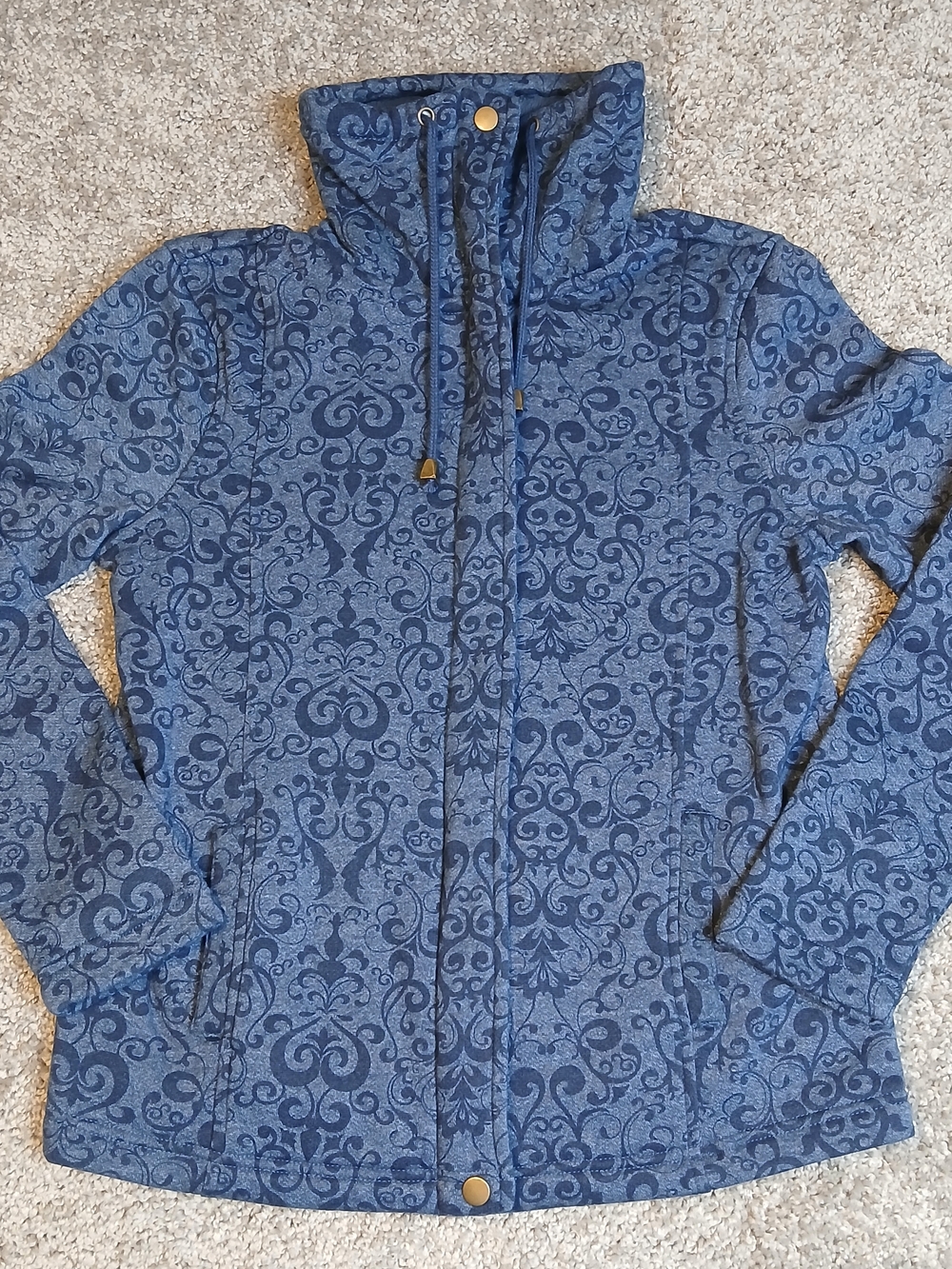 Laura Scott Blue Patterned Funnel-Neck Full Zip Sweater for Women - Petite Small